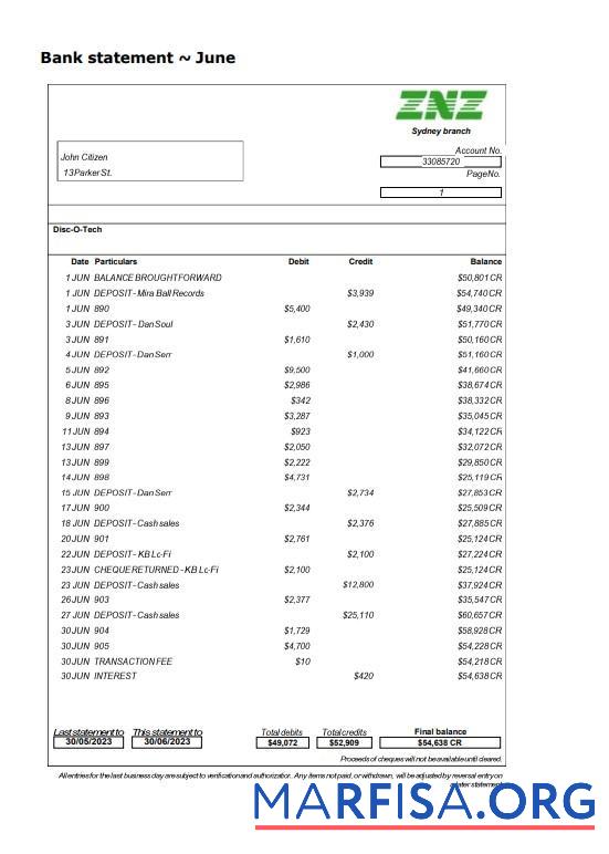 Downloadable Sydney ZNZ bank statement excel template